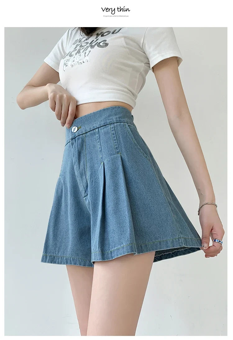 2024 Summer Plus Size Denim Shorts For Women High Elastic Waist Blue Or Sky Blue Pleated Mini Large Size Short Femme
