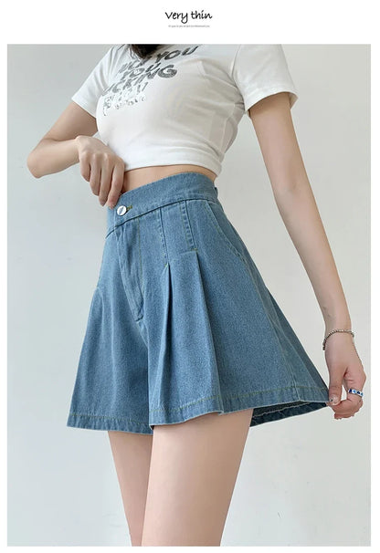 2024 Summer Plus Size Denim Shorts For Women High Elastic Waist Blue Or Sky Blue Pleated Mini Large Size Short Femme