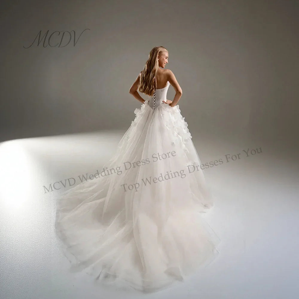 3D Floral Princess Wedding Dresses 2026 Strapless A-Line Corset Back Tulle Bridal Gown with Train Customized Vestido De Noiva