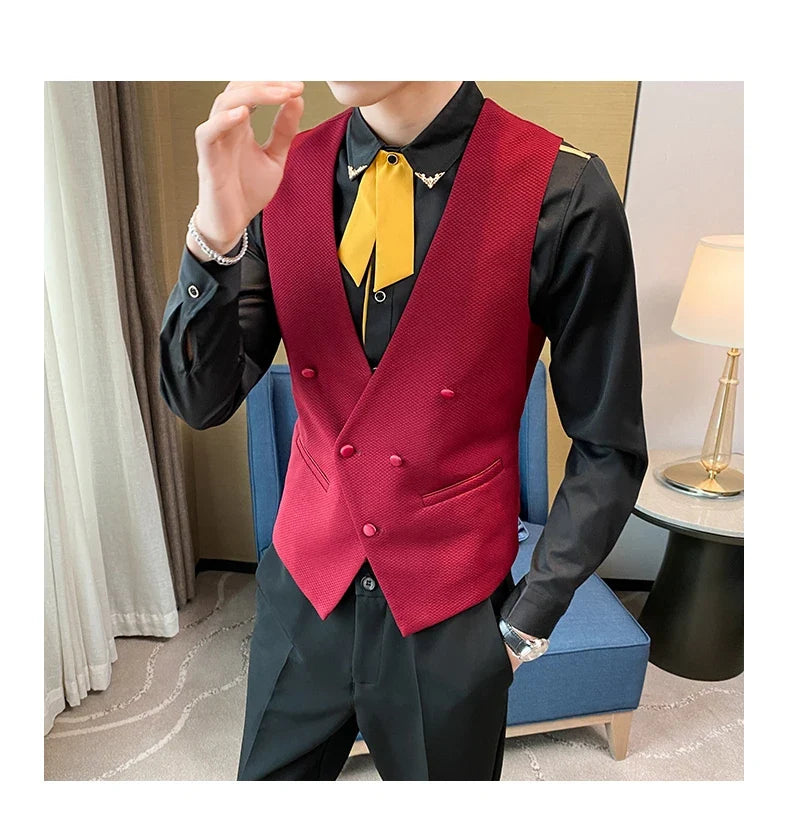 2025 New Fashion Men's Double Breasted Gentleman Dress Casual Vest Fashion Nightclub Bartender Work Clothes V Neck Vest Jacket
