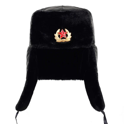 Soviet Army Military Badge Russia Ushanka Bomber Hats Pilot Trapper Trooper Hat Winter Faux Rabbit Fur Earflap Men Snow Caps