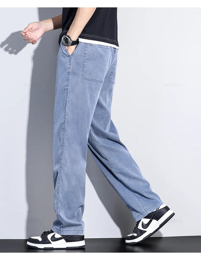 Brand Clothing Summer New Soft Lyocell Fabric Jeans Men Blue Elastic Waist Loose Straight Thin Denim Trousers Male Plus Size 5XL