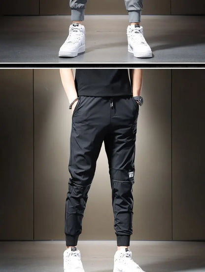 Summer 2023 Men's Casual Pants Black Grey Drawstring Joggers Lightweight Breathable Quick Dry Trousers Ice Silk Sportswear Man