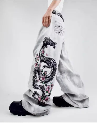 New White Jeans Y2K Dragon Pattern Mens American High Street Retro Korean Straight Pants Harajuku Hip-Hop Couple Wide Pants