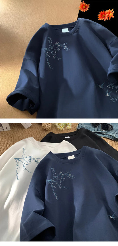Men's Oversized T-shirts Fashion White 5XL Cotton T Shirt for Men Casual Summer Wear Bird Print Tee Shirts Men Clothing