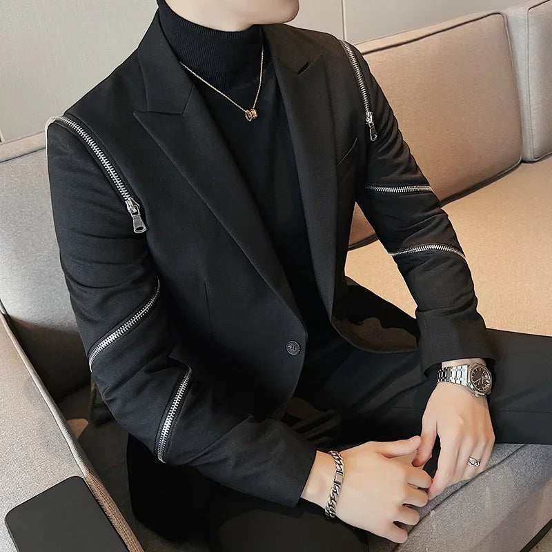 2024 Autumn New Zipper Decoration Blazer Men Casual Slim Fit Business Dress Coats Homme Formal Social Prom Tuxedo Men Clothing