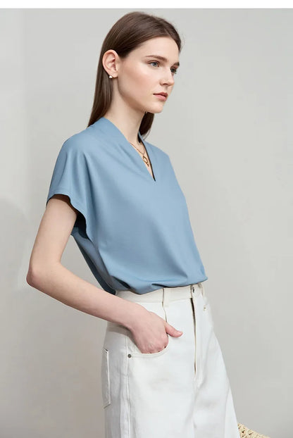 Minimalism 2026 Summer Women's T-shirt Classic Style Casual V-neck Short Sleeve Solid Stretch Female Tops & Tees 12612011