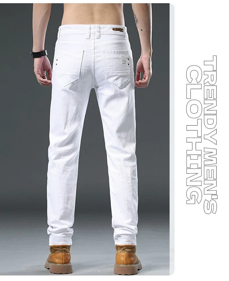 2025 Autumn Men's White Slim Fit Straight Jeans Casual Stretch Denim Pants Comfortable Fashion Streetwear Male Brand Clothing