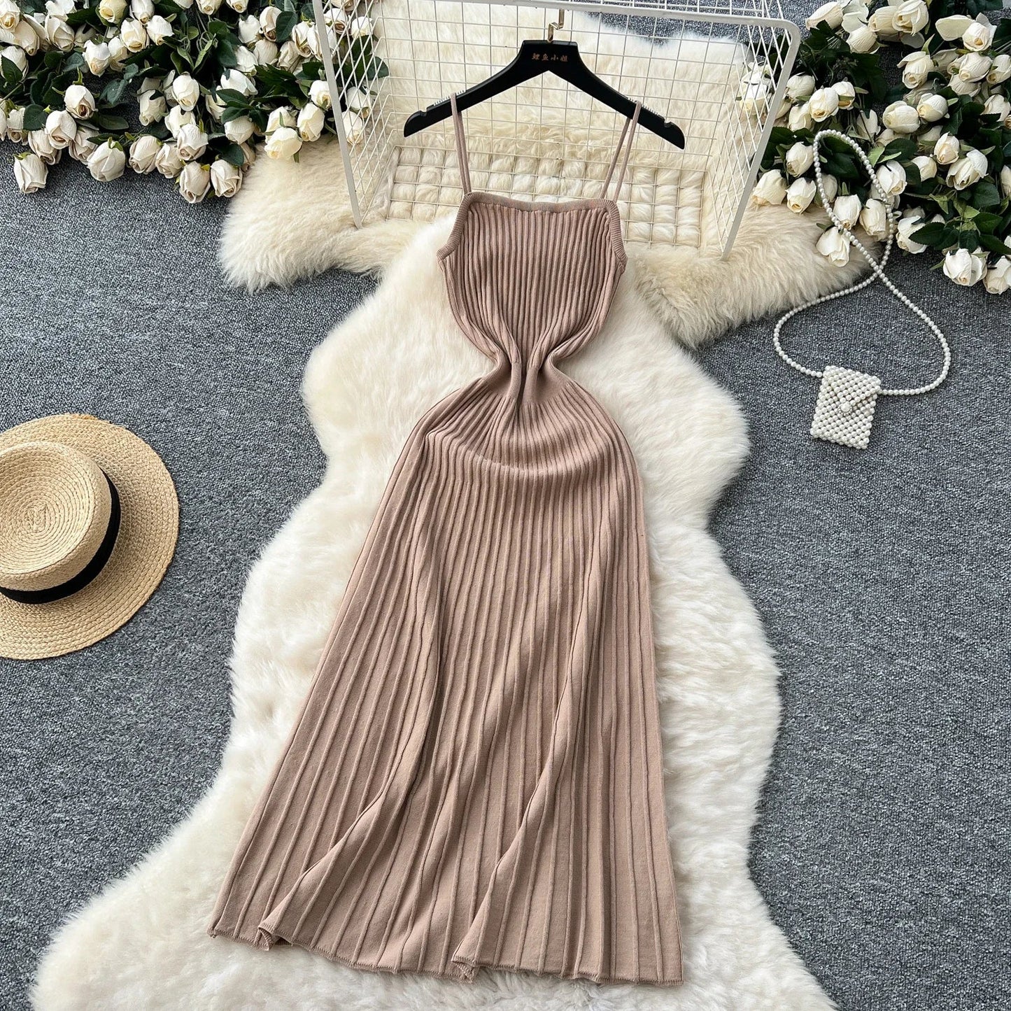 Knitted Pleated Long Dress High Waist Midi Sling Dress Elegant Sleeveless Yellow Dress Women Streetwear Black Bodycon Dress
