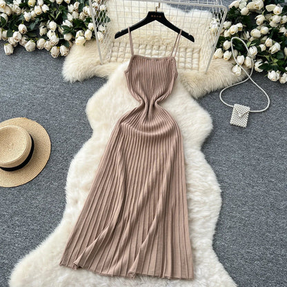 Knitted Pleated Long Dress High Waist Midi Sling Dress Elegant Sleeveless Yellow Dress Women Streetwear Black Bodycon Dress