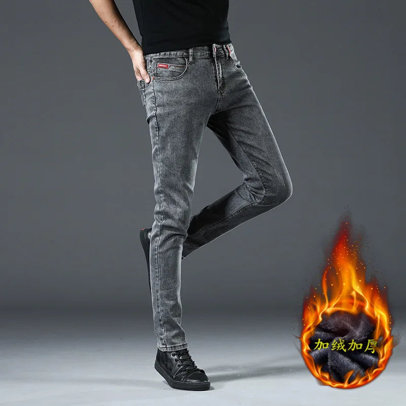 Winter Thick Plus Velvet Men Middle Waist Skinny Jeans Simple Fleece Warm Slim Fit Stretch Boy Casual Denim Pencil Pants