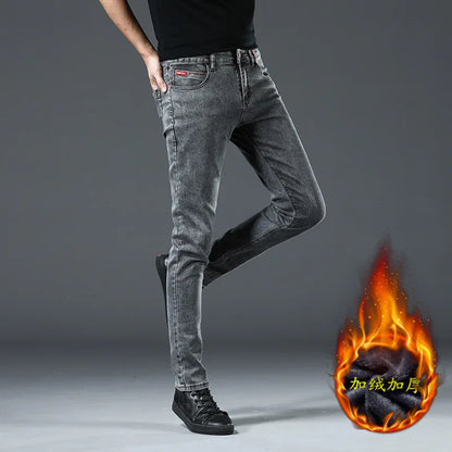 Winter Thick Plus Velvet Men Middle Waist Skinny Jeans Simple Fleece Warm Slim Fit Stretch Boy Casual Denim Pencil Pants