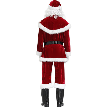 2024 New Man Santa Claus Suit Adult Christmas Cosplay Costume Red Deluxe Velvet Fancy 8pcs Set Xmas Party Family Costume Outfits