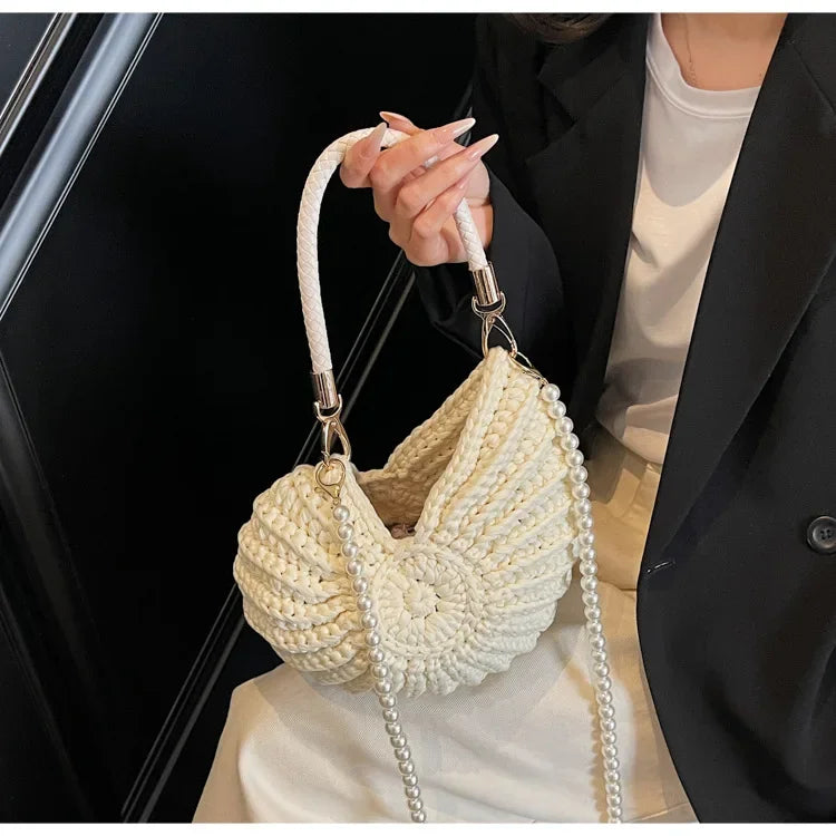 Fashion Conch Shaped Crochet Women Shoulde Bags Funny Cute Pearls Chains Handmade Weave Crossbody Bag Novelty Small Handbags