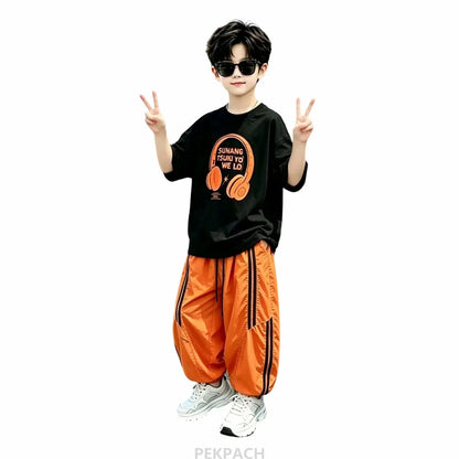 Street Style Children Luxury Summer Outfit Top And Bottom Set for Teen Boys T-shirt Pants Suit Kids Fashion Streetwear Clothes