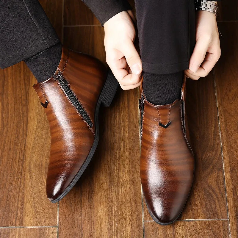 Men Handcrafted Leather Ankle Boots Side Zipper Pointed Toe Chelsea Boots Comfortable Non-slip Formal Business Casual Shoes 2026