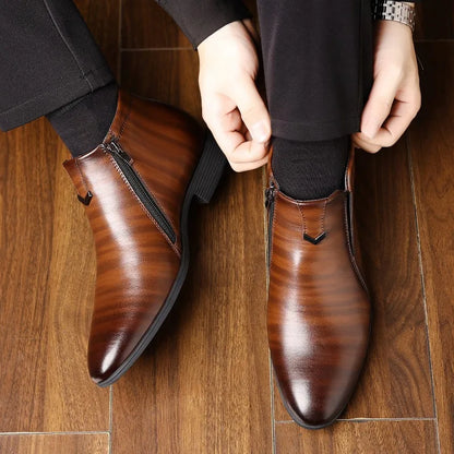 Men Handcrafted Leather Ankle Boots Side Zipper Pointed Toe Chelsea Boots Comfortable Non-slip Formal Business Casual Shoes 2026