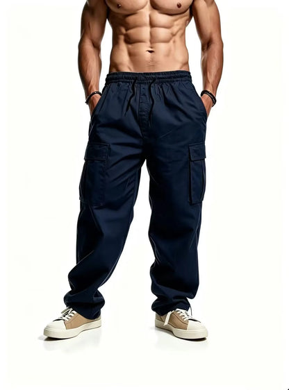 Men's casual multi pocket work pants with loose fit and drawstring waistband suitable for hikingfishingand outdoor exploration