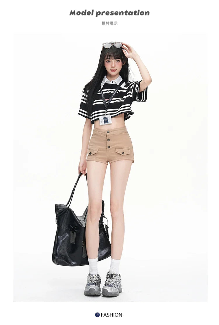 Pure Desire Slim Hip Hugging Hot Pants Old Money Style Hip Enhancing Multi Button High Waist Tight Summer New Denim Shorts