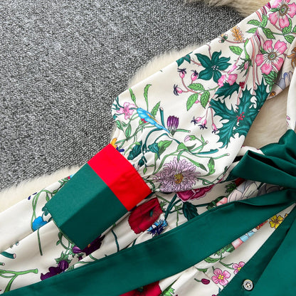 Retro Faion Print Stand Collar Single Button Women's Dr Waist Cinched Floor Length Skirt Korean Sle High Waist Long Sl...