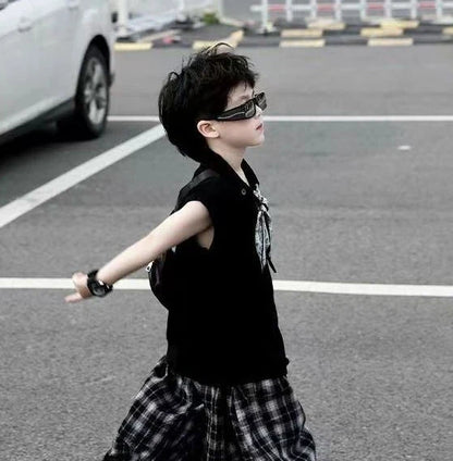 Mosquito Proof Knitted Pants Junior Boys' Summer Clothing Kids Clothes Korean Children Top Bottom Set Boy Boy's Children's Suit