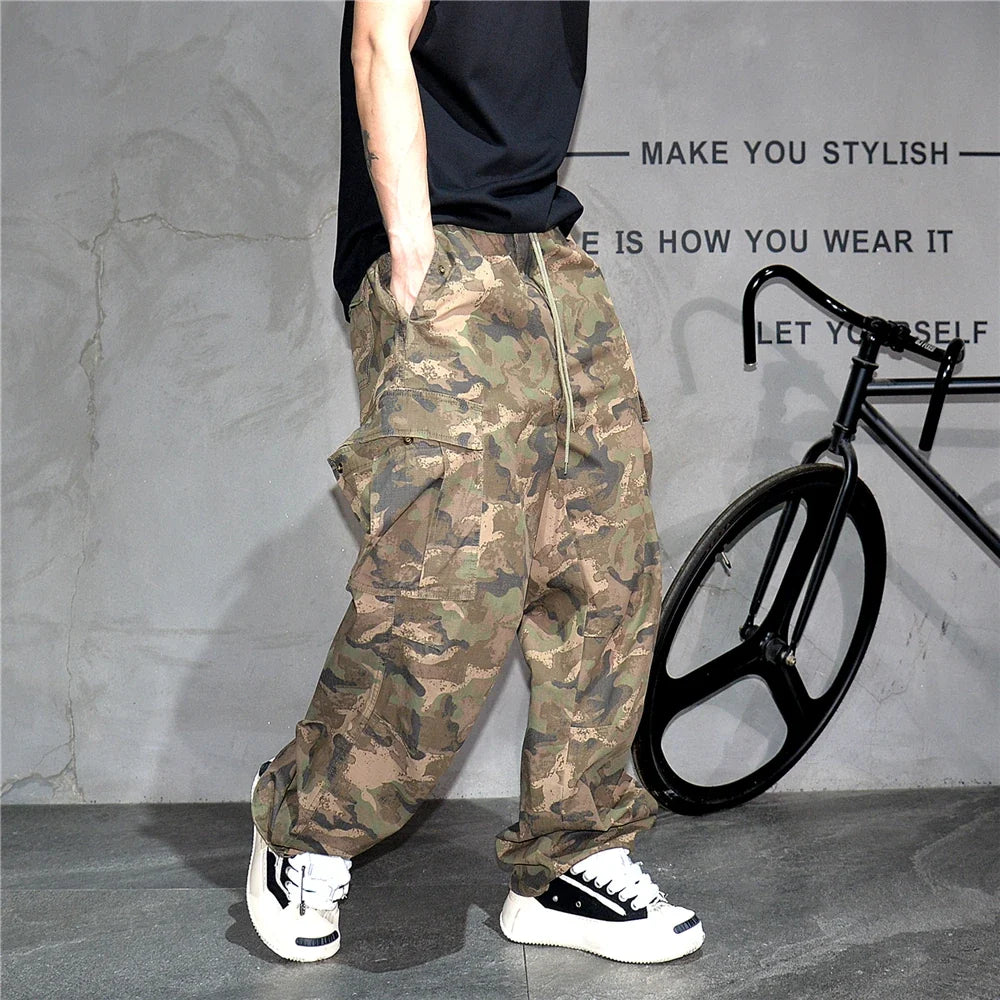 Heavy weight Tactical Cargo Pants For Men Vintage Camo Multi-Pocket Loose Fit Straight Leg Outdoor Streetwear Casual Trousers