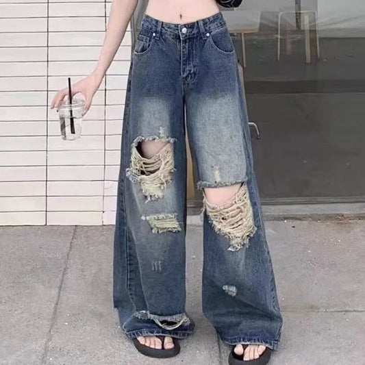 Casual Denim Pant Women Jeans Vintage Straight Trousers Autumn Spring Fashion Female Blue Wide Leg Pants Hole Jeans
