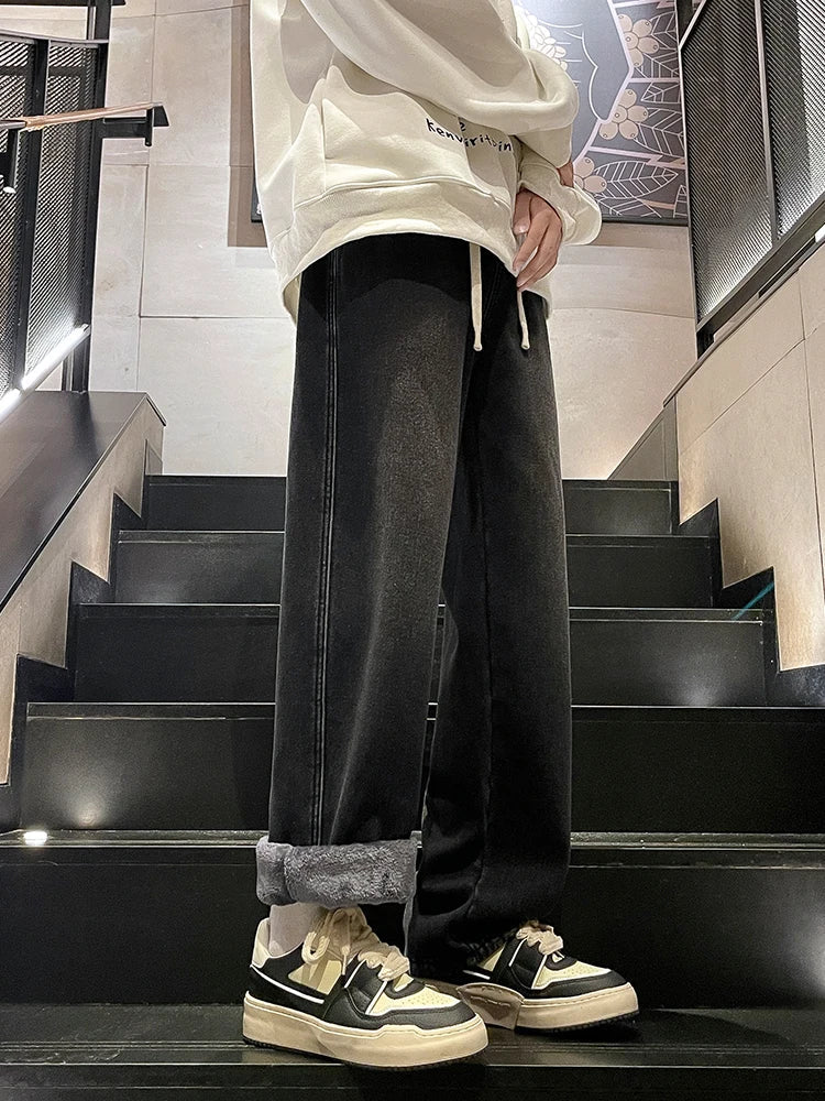 Men's Winter Jeans Fleece-Lined Brushed Thick Warm Denim Pants Korean Style Straight Fit Insulated Trousers Asians Size M-3XL