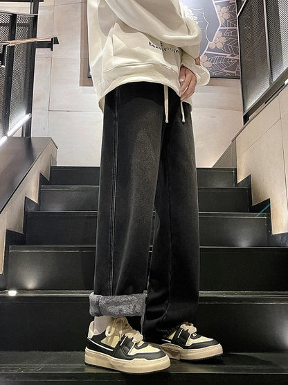 Men's Winter Jeans Fleece-Lined Brushed Thick Warm Denim Pants Korean Style Straight Fit Insulated Trousers Asians Size M-3XL