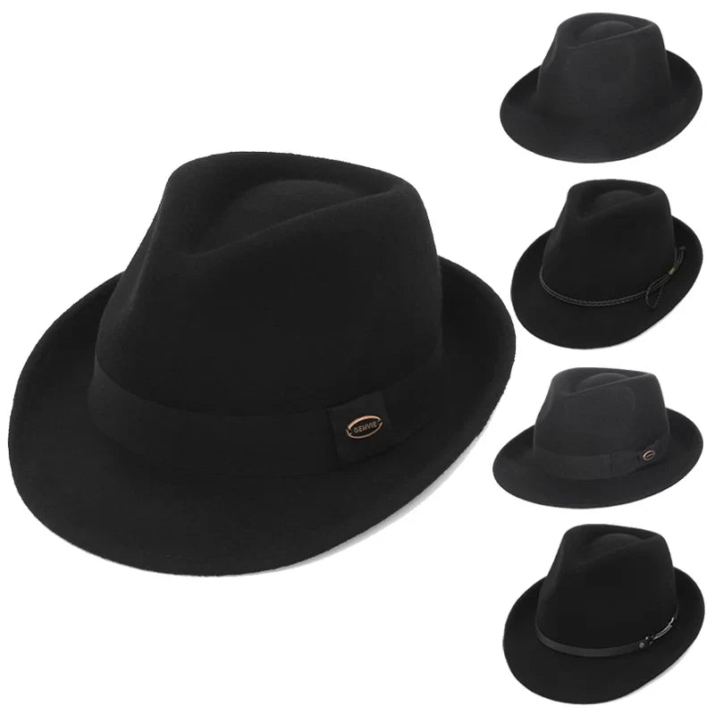 100% Wool Black Retro Felt Jazz Hats for Men Women Short Brim Gentleman Soft Trilby Fedora Panama Hat with Belt