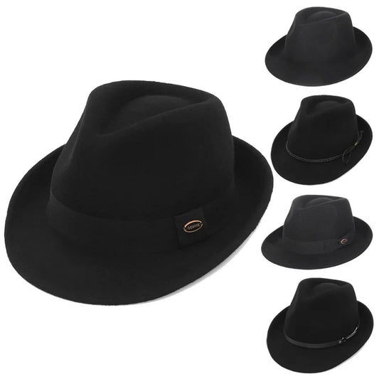 100% Wool Black Retro Felt Jazz Hats for Men Women Short Brim Gentleman Soft Trilby Fedora Panama Hat with Belt