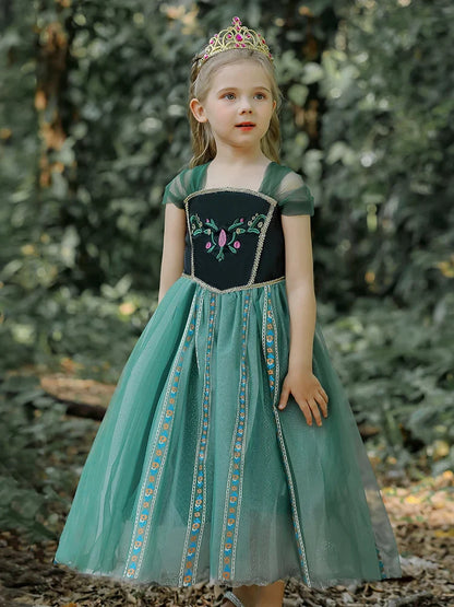 Girls' Summer Anna Frozen Baby Dress Child Green Dress Up Halloween Costume for Kids Princess Party Cosplay Dresses 2 to 8 Years