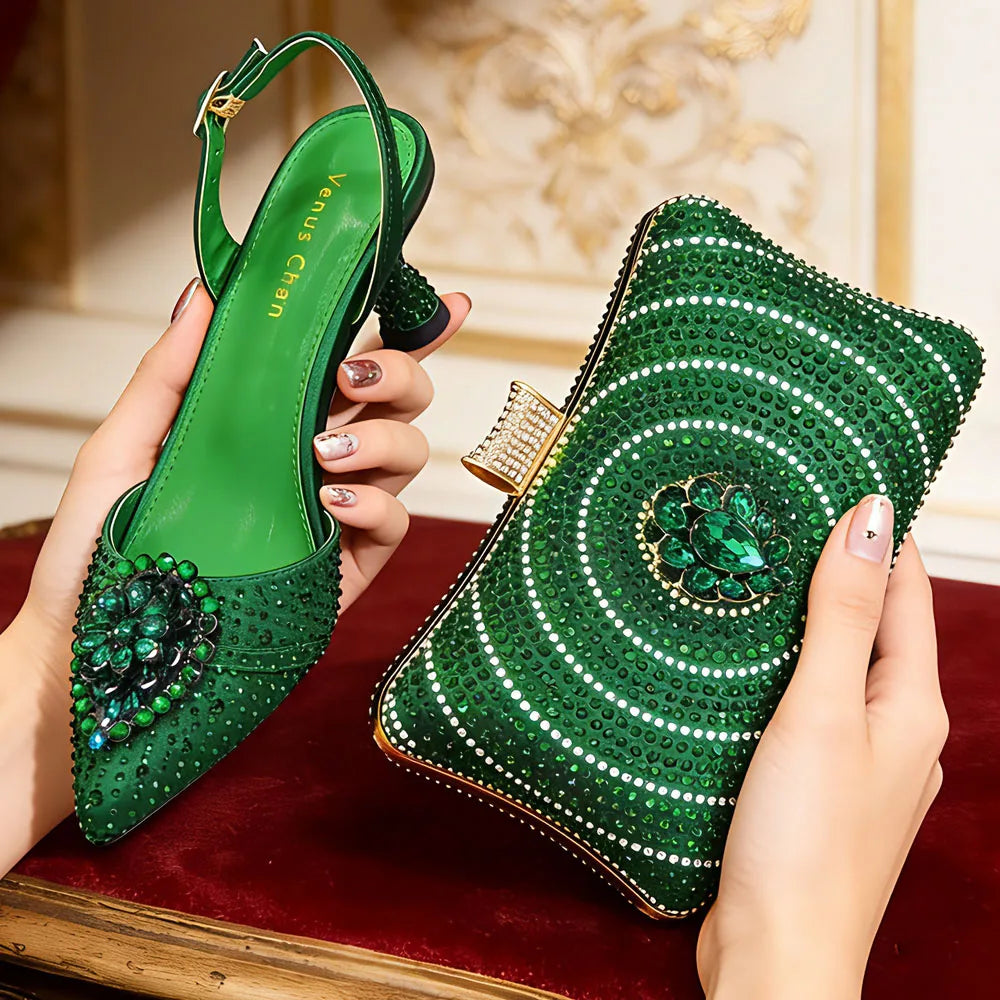 Blue Color Rhinestone Comfortable high heel shoe And Bag Fashion Style Pointed-Toe Shoes For Women Or Commuting Shoes