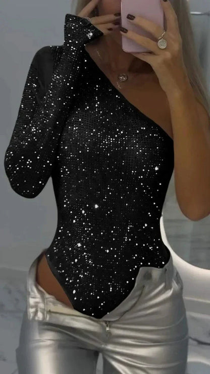 Spice Girls Sexy Sequin Jumpsuit Skew Collar Off-shoulder Single Shoulder Long Sleeved Bodysuits Summer Fashion Rhinestone Tops