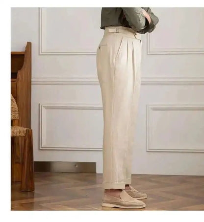 Linen Cotton High Waist Straight Casual Pants Men Versatile Naples Gentleman Pleated Pants High Quality Italian Dress Trousers