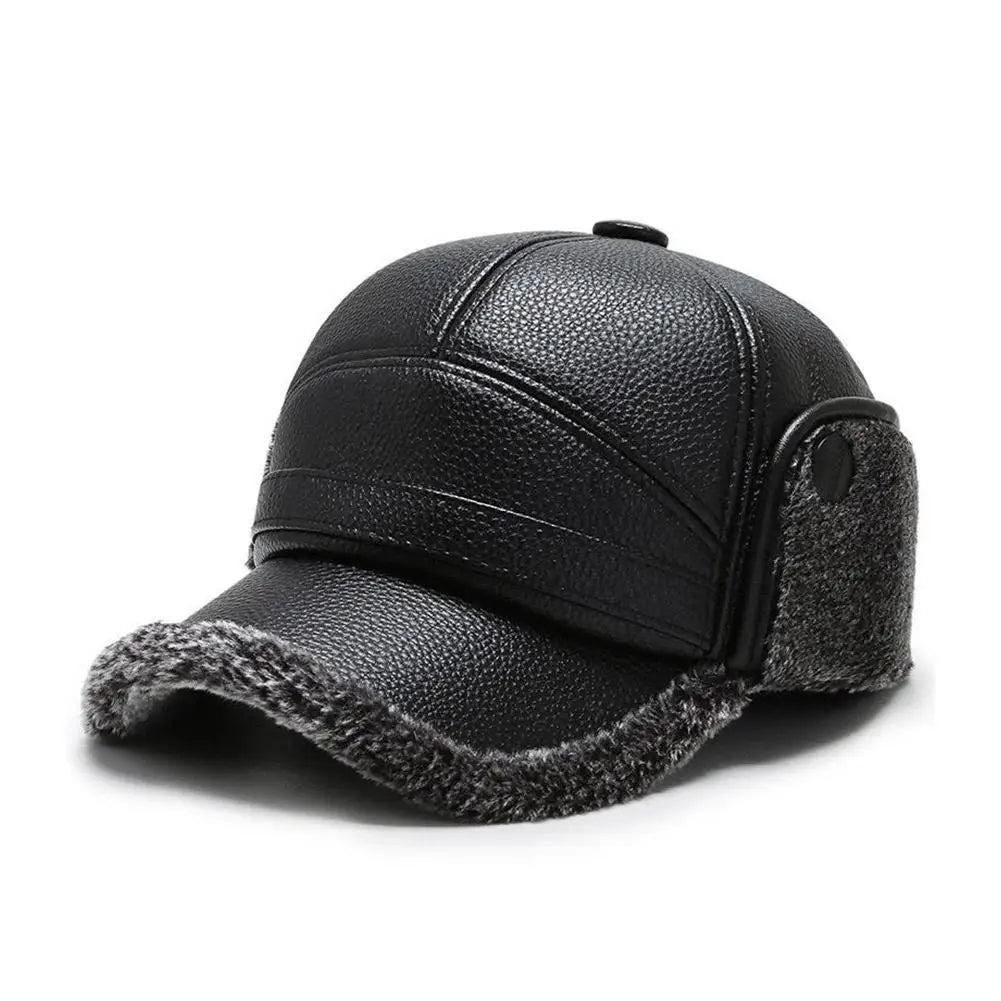Winter Baseball Cap Men PU Leather Bomber Caps Middle Elderly Dad Hat With Earflaps Thicker Warm Windproof Tongue Hat Keep Warm