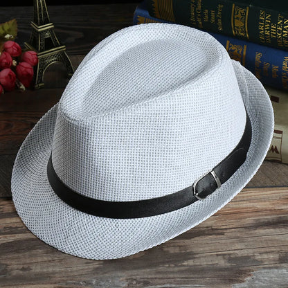 Fashion Men Straw Hat for Women Summer Trendy Beach Sun Hats Solid Color Fedoras Ribbon Casual Cowboy Jazz Cap Gangster Cap Male