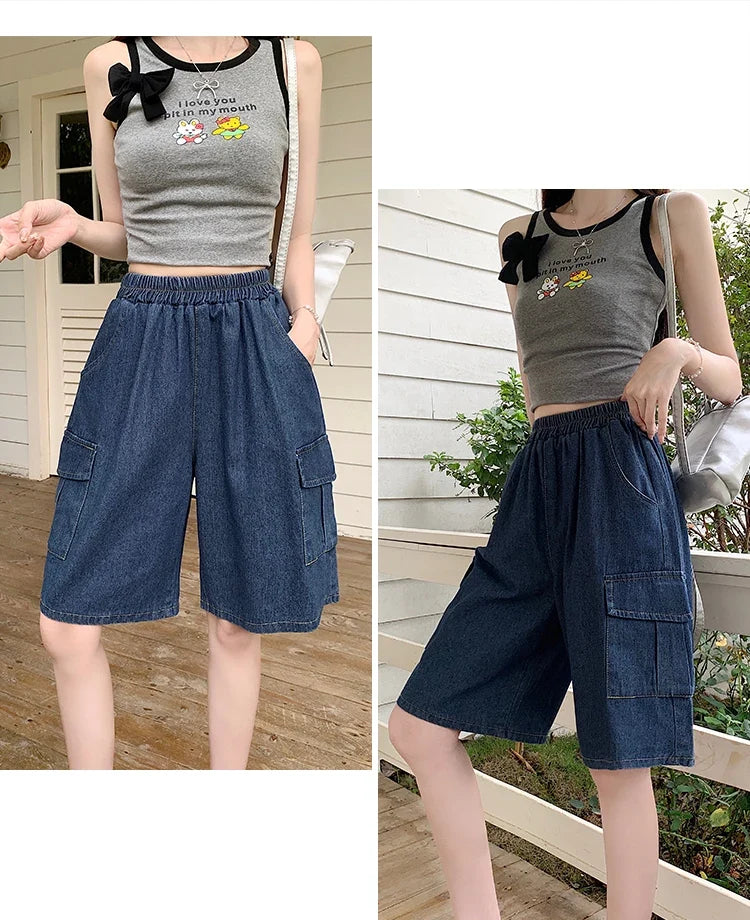2026 Summer New Women's Denim Shorts Straight Trendy Loose Versatile Dad Shorts Thin Japanese Style Knee-length Pants