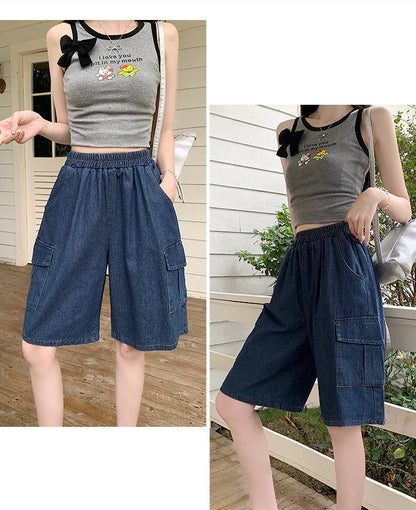 2026 Summer New Women's Denim Shorts Straight Trendy Loose Versatile Dad Shorts Thin Japanese Style Knee-length Pants