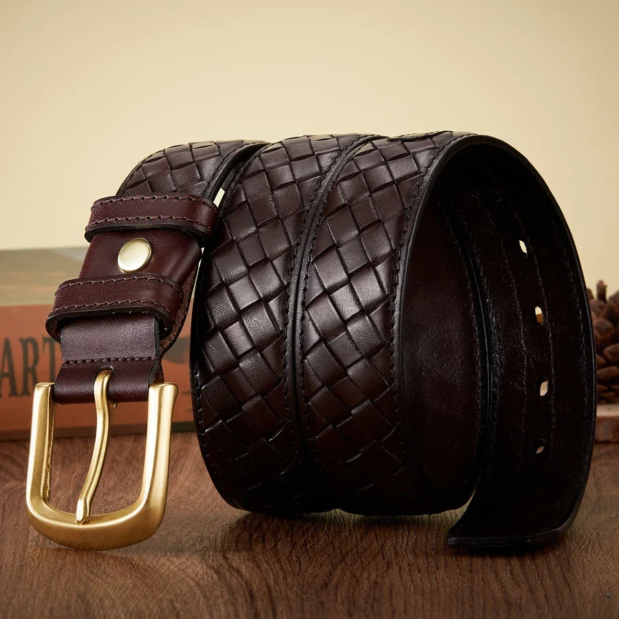 3.8cm Copper Buckle Designer Cowskin Real Genuine Leather Belts For Men Luxury Woven Cowboy Braided Male Strap for Jeans
