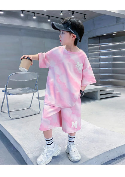 Summer Fashion Boys Cotton Alphabet Tie Dye T-Shirt Tops+Shorts Pant School Kids Tracksuit Child 2PCS Outfit Workout Set 5-16 Yr