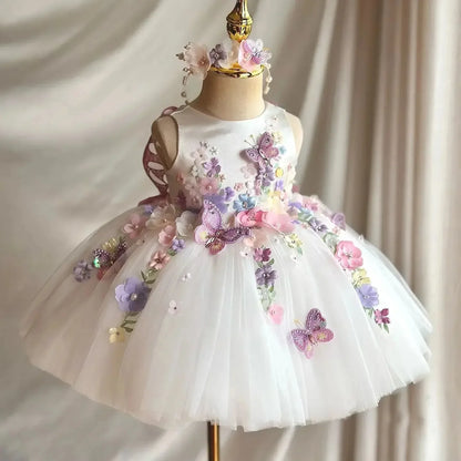 Custom Pink Floral Butterfly Tulle Flower Girl Dress First Christmas Dress Wedding Party Gown for Girls فساتين اطفال