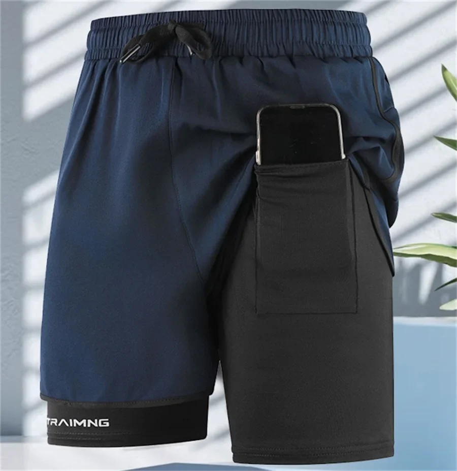 Men Fitness Built-in pocket sports Shorts Summer 2 In 1 Quick Dry Gym Beach shorts Running Double-deck Shorts Outdoor sweatpants