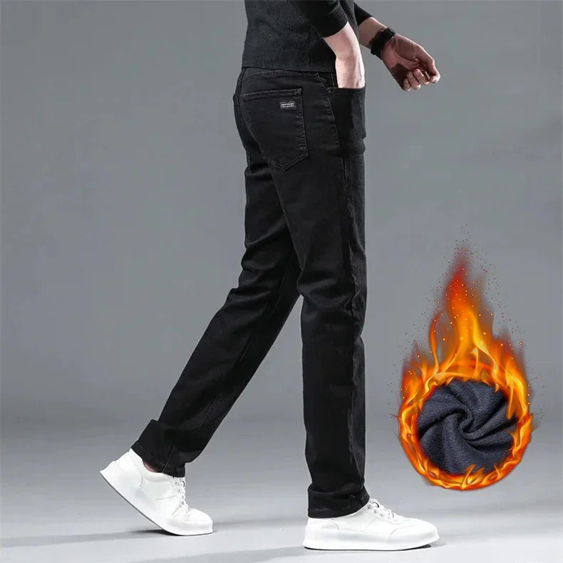 Winter Men Black Straight Stretch Denim Thick Velvet Pants Warm Jeans Casual Fleece Line Trousers Male Plus Size