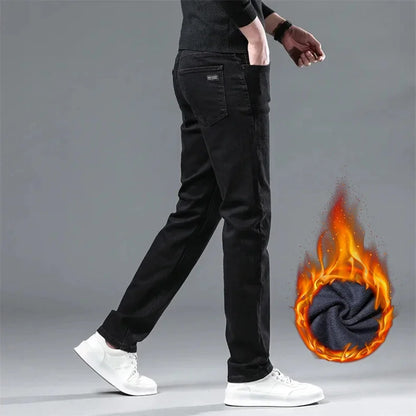 Winter Men Black Straight Stretch Denim Thick Velvet Pants Warm Jeans Casual Fleece Line Trousers Male Plus Size