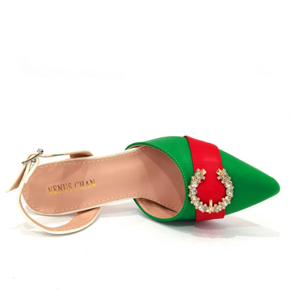 2022 Italian Design Leather Colorblock Pointed Toe High Heel Women's Sandals Fashion Everyday Matching Shoes and Bag Sets