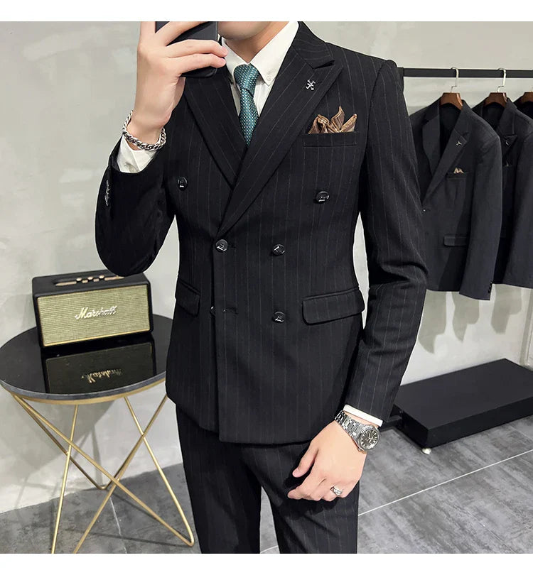 2025 High-quality Korean Version Slim-fit Business (Suit + Vest + Trousers) Striped Double-breasted Suit Three-piece Set