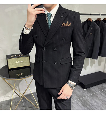 2025 High-quality Korean Version Slim-fit Business (Suit + Vest + Trousers) Striped Double-breasted Suit Three-piece Set
