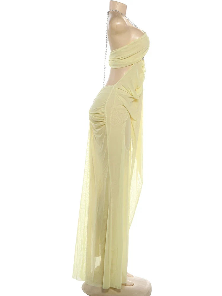 Prom Party Gown Dress Woman Sexy See Through Luxury Chain Halter Low-Neck Backless Sleeveless Midnight Elegant Vestidos