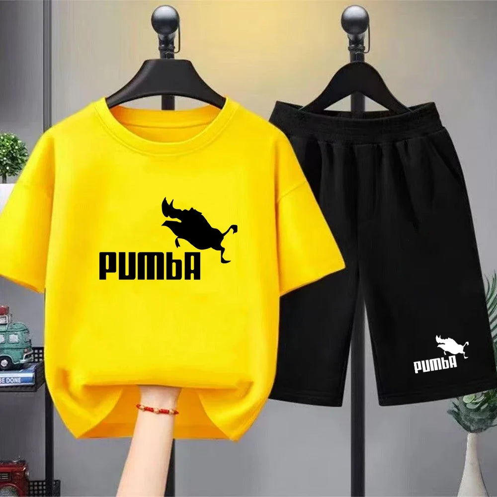 Black Children T-shirt+Bottom Wear Age 3-12 Boy Girls Set 2pcs Kids Set Wild Boar Summer Tshirt Print Leisure